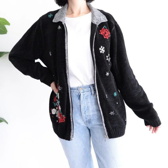 Vintage Allison Daley Black Zip Cardigan Holiday Snowflakes Festive Sweater L - Picture 2 of 16